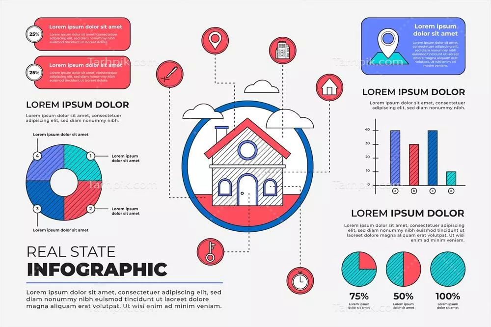 وکتور الگو اینفوگرافیک مسکن خطی و مسطح برای نمایش اطلاعات املاک و مستغلات
