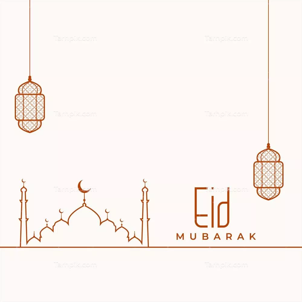 وکتور پسزمینه تبریک عید مبارک با طراحی خطی و تصویر مسجد و چراغ اسلامی
