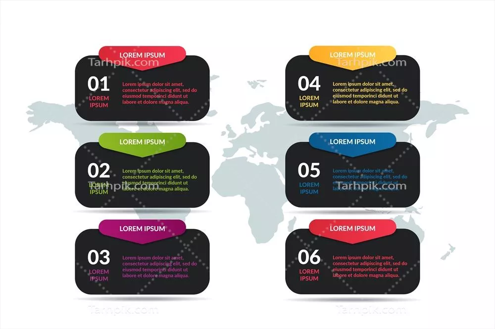 وکتور طراحی اینفوگرافیک فهرستی با پسزمینه نقشه جهان برای ارائههای تجاری و نمودارهای فرآیند