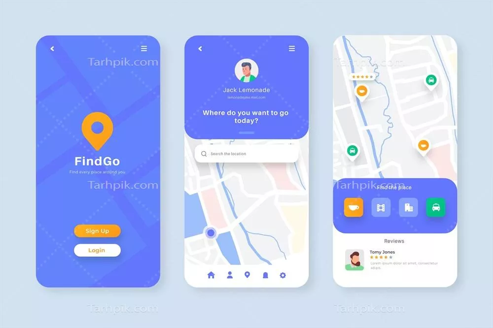 مجموعه صفحات اپلیکیشن موقعیت یابی با طراحی وکتور