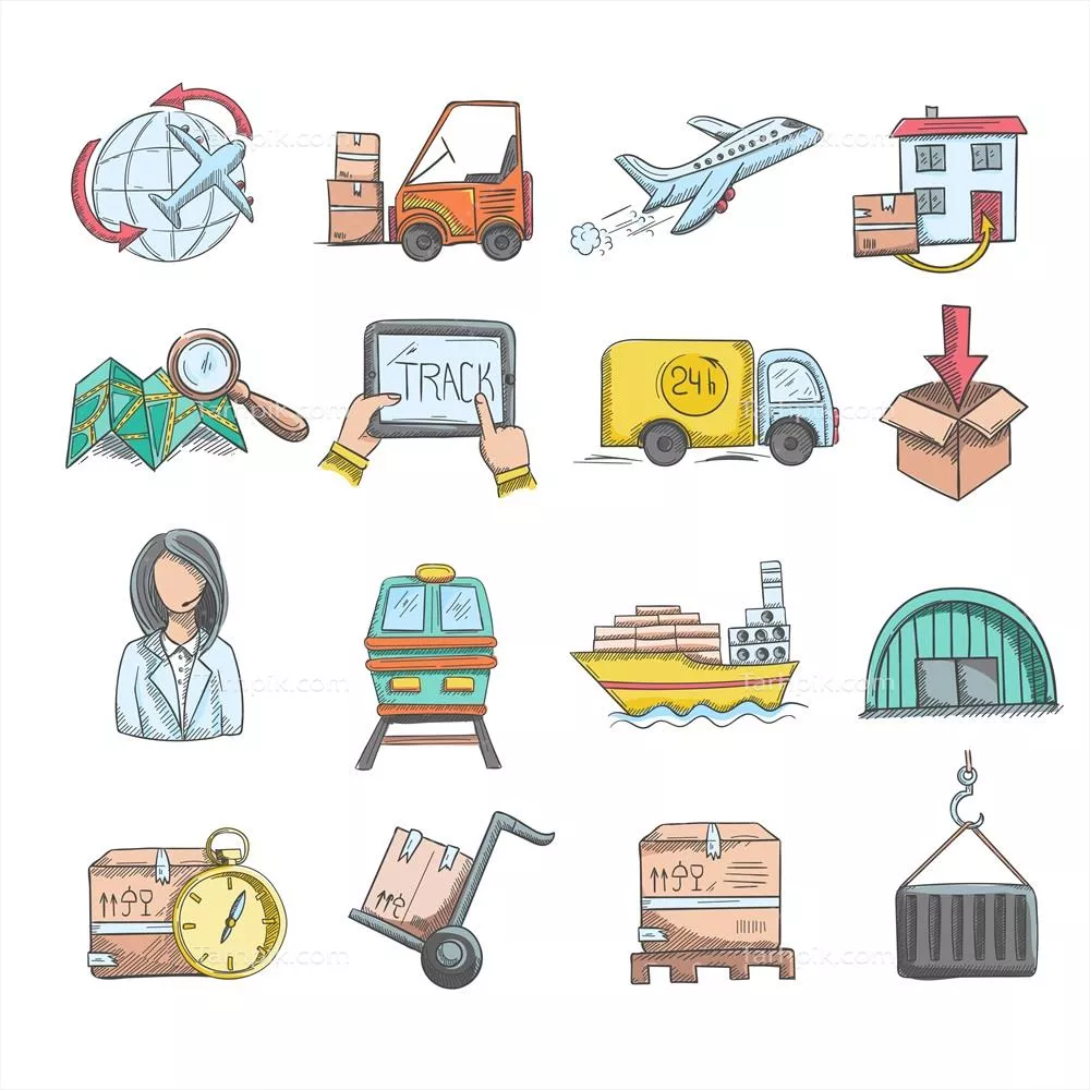 مجموعه آیکون‌های وکتور لجستیکی و طراحی اسکیس رایگان به همراه توضیحات