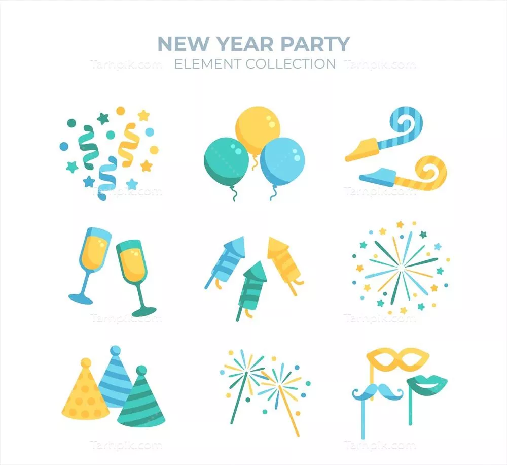 وکتور مجموعه عناصر طراحی مسطح جشن سال نو زیبا و دلنشین