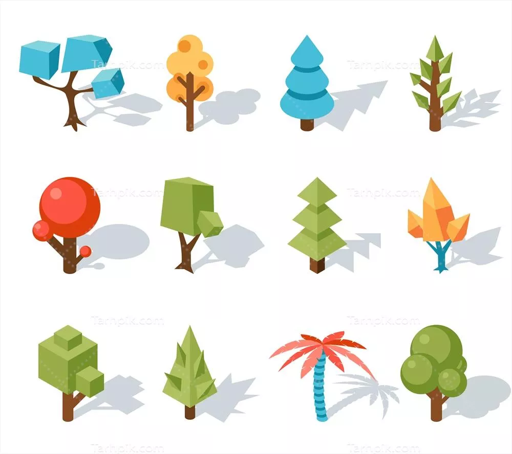 وکتور آیکونهای درخت سهبعدی کمزاویه و ایزومتریک با رنگهای زنده و شاخ و برگهای گرمسیری