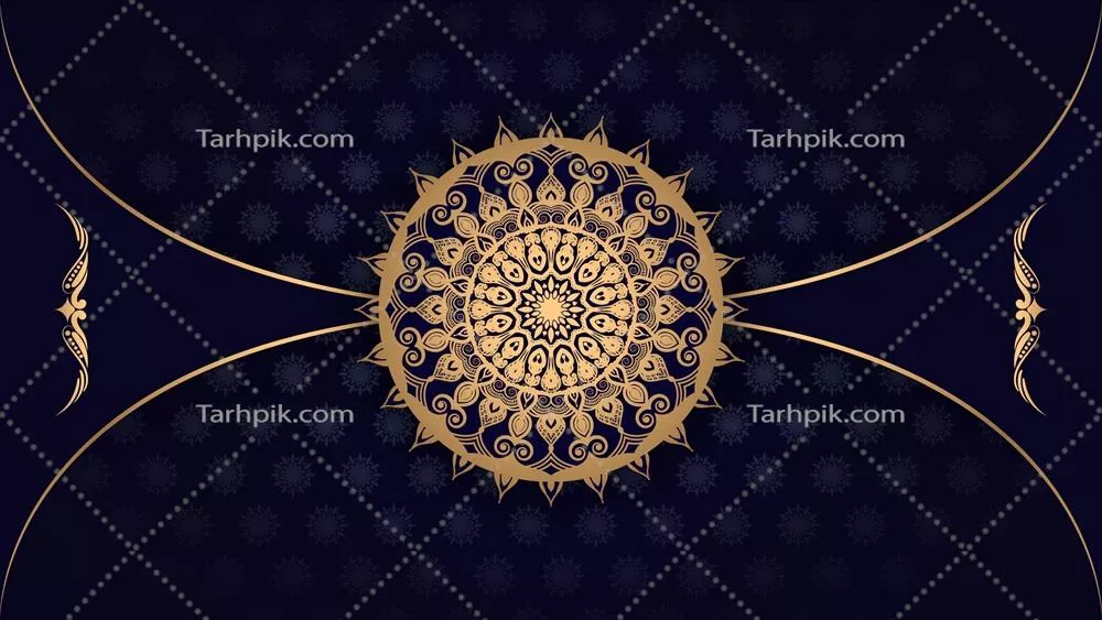 وکتور پسزمینه لوکس افقی با طراحی ماندالا و خطوط طلایی منحنی روی زمینه تیره