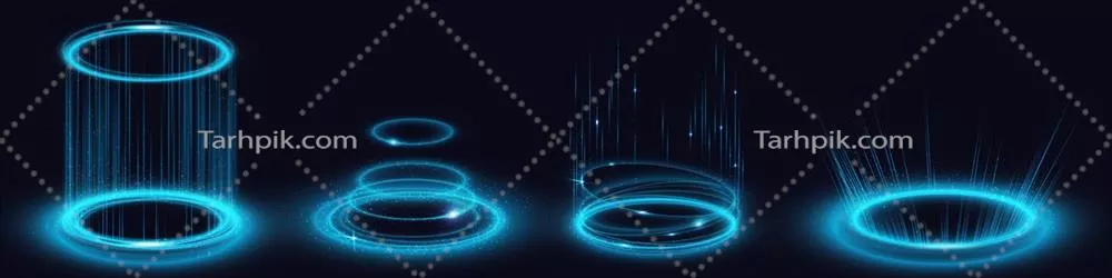 وکتور اثر هولوگرام رنگ آبی با دایره های جادویی و پورتال های نوری