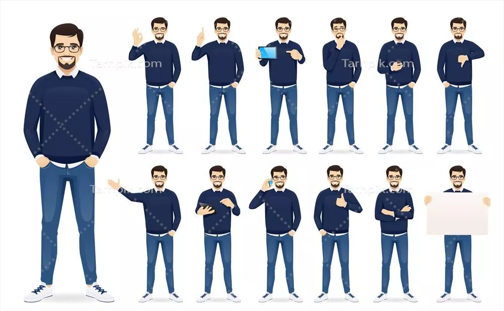 وکتور تصویرسازی کاراکترهای مرد با لباس غیررسمی در ست‌های مختلف