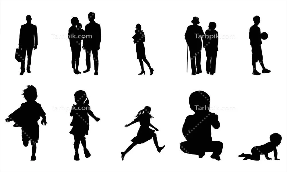 وکتور طراحی سیاهه انسانی با تصویر کودک در حال بازی و عناصر دیگر