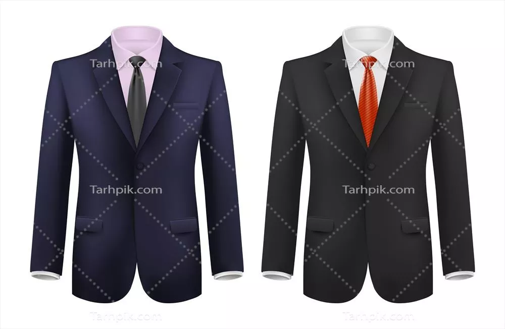 وکتور مجموعه لباس مردانه واقعی شامل کت‌های هوشمند، کراوات و پیراهن‌های رنگی متنوع