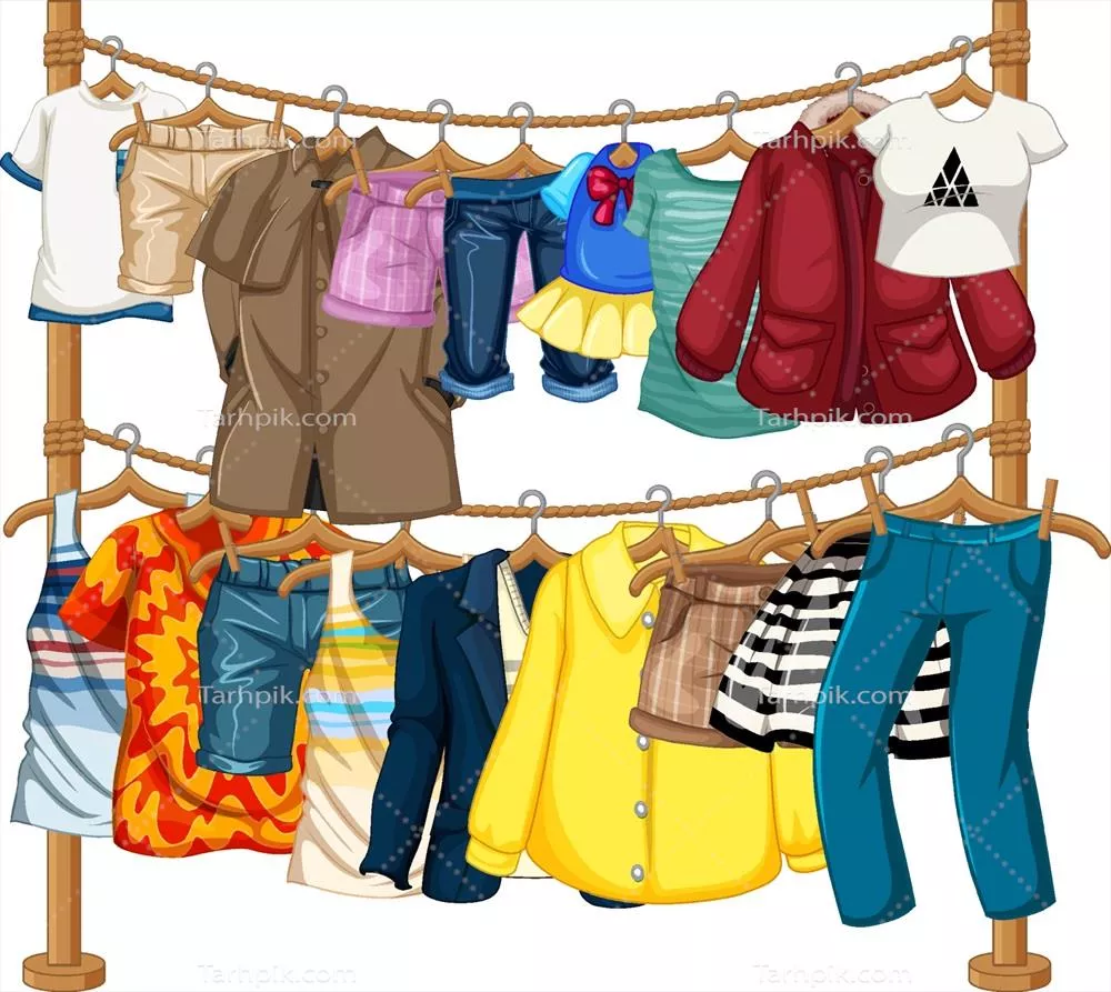 وکتور لباسهای متنوع و رنگارنگی که بر روی طناب آویزان شدهاند