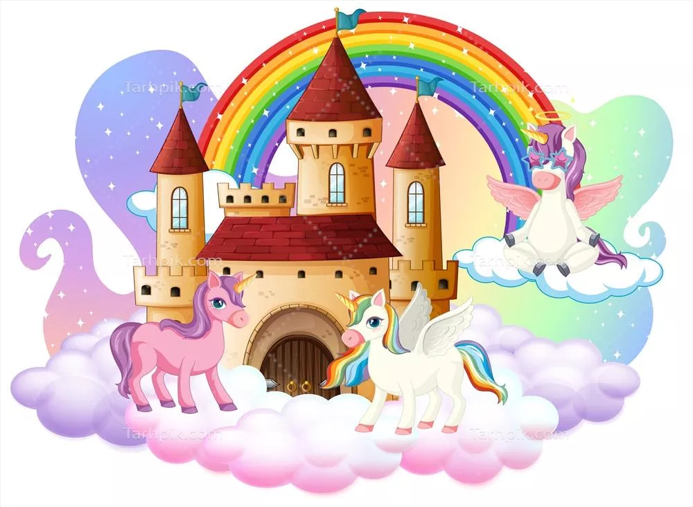 وکتور شخصیت های کارتونی یونیکورن های شیطون در قلعه و ابرها به تصویر کشیده شده اند