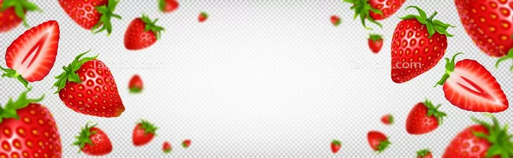 وکتور تعداد زیادی توت فرنگی تازه در حال سقوط و پرواز در مرز تصویر