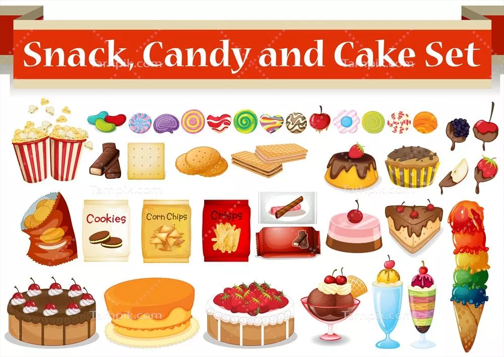 وکتور تصویری از انواع تنقلات و شیرینیها برای علاقهمندان به خوراکیهای خوشمزه
