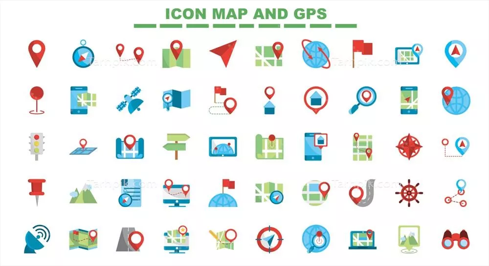 مجموعه آیکونهای نقشه و جیپیاس بهصورت وکتور برای طراحیهای دیجیتال