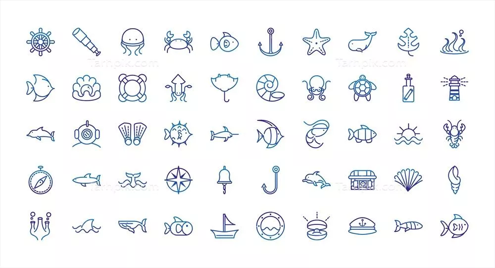 وکتور آیکون‌های آبی ضخیم از حیوانات دریایی و تجهیزات ناوبری