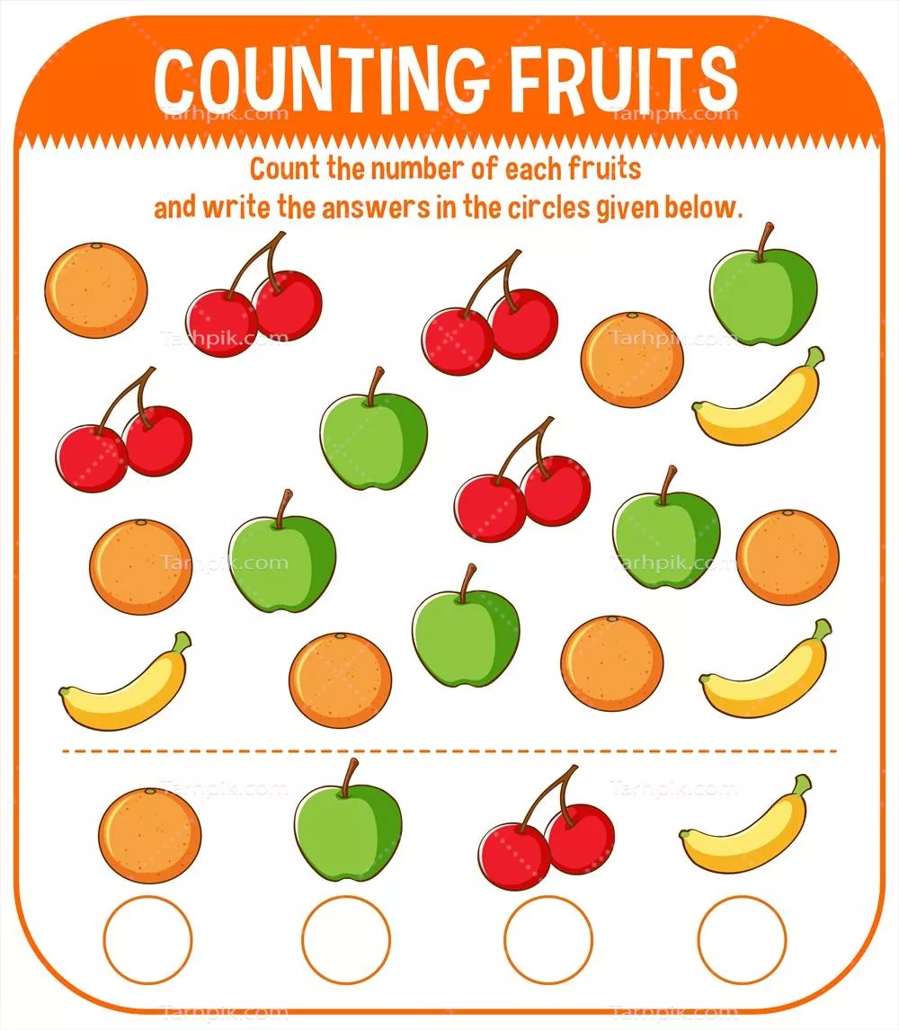 قالب بازی ریاضی با شمارش میوه‌ها به صورت وکتور