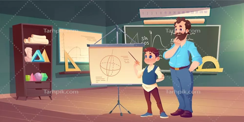 وکتور کلاس ریاضیات در مدرسه با معلم و دانش آموز پسر