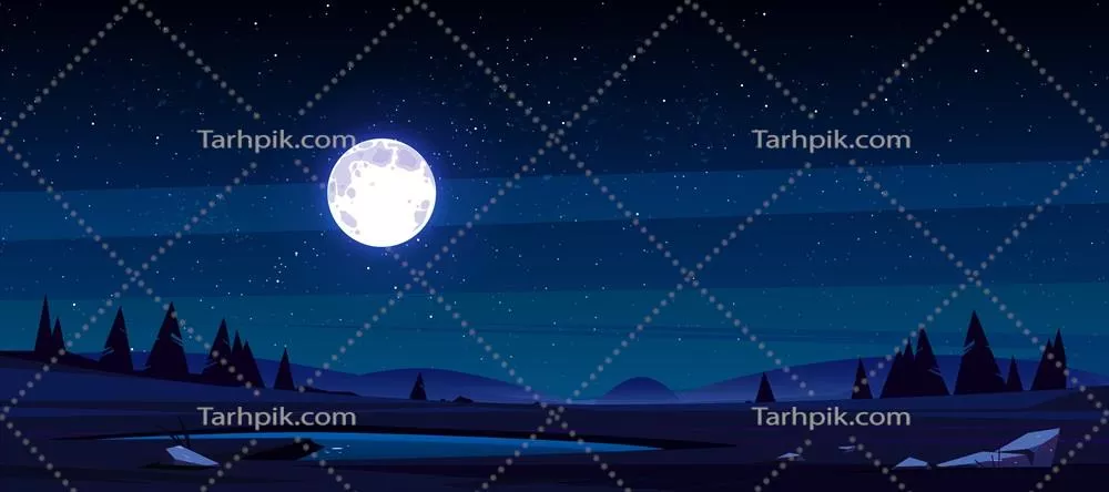 چمنزار با دریاچه، درختان مخروطی و تپهها در شب - تصویر وکتور