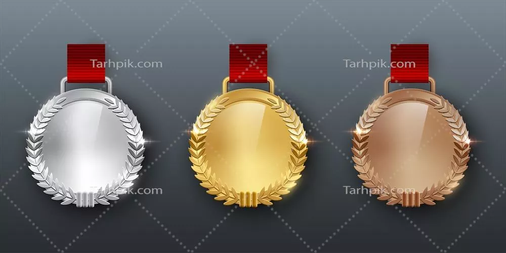 ست مدال، سکو و برگ زیتون با طراحی وکتور برای مسابقات ورزشی