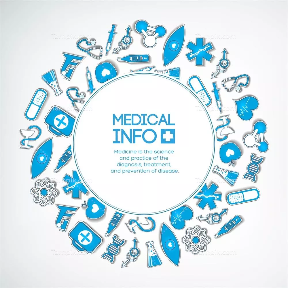 وکتور قالب رنگارنگ درمان پزشکی با فریم گرد و برچسب‌های کاغذی آبی و سفید