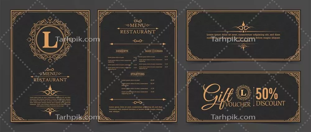 وکتور طرح منو و کارت هدیه با عناصر زینتی و تزئینی جذاب