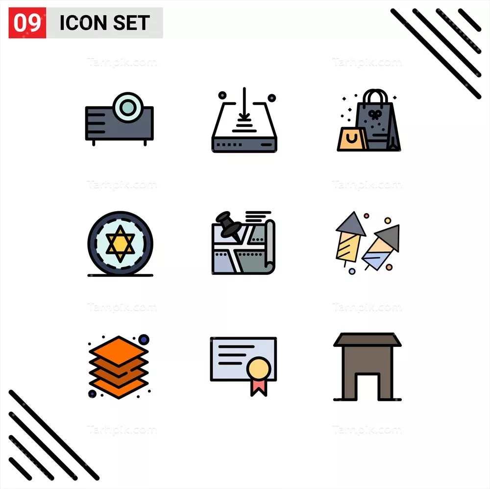 وکتور مجموعهای از 9 آیکون پیادهسازی شده برای رابط کاربری موبایل با طراحی خطی و رنگی