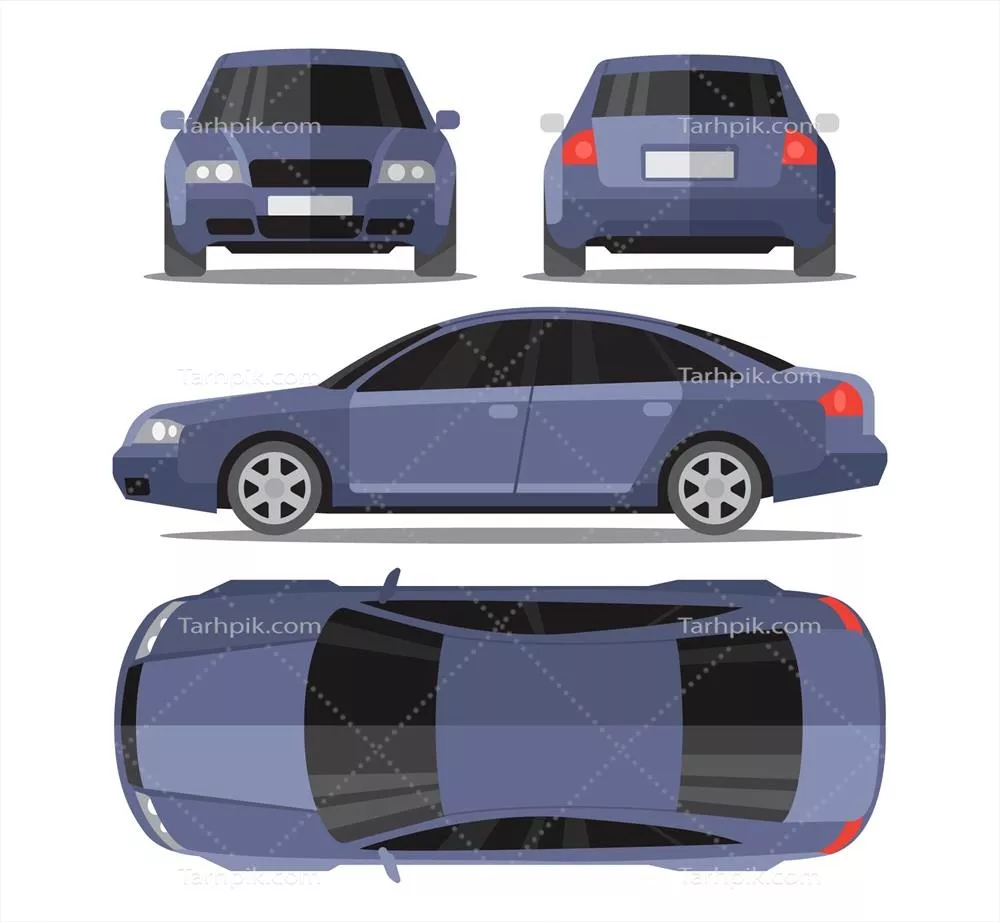 خودرو مدرن آبی رنگ با نماهای مختلف - طراحی وکتور