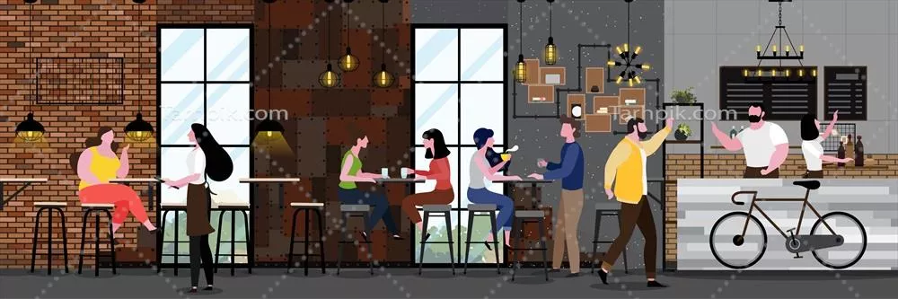 وکتور کافه مدرن با طراحی داخلی سبک لوفت و پر از مشتریان خوشحال