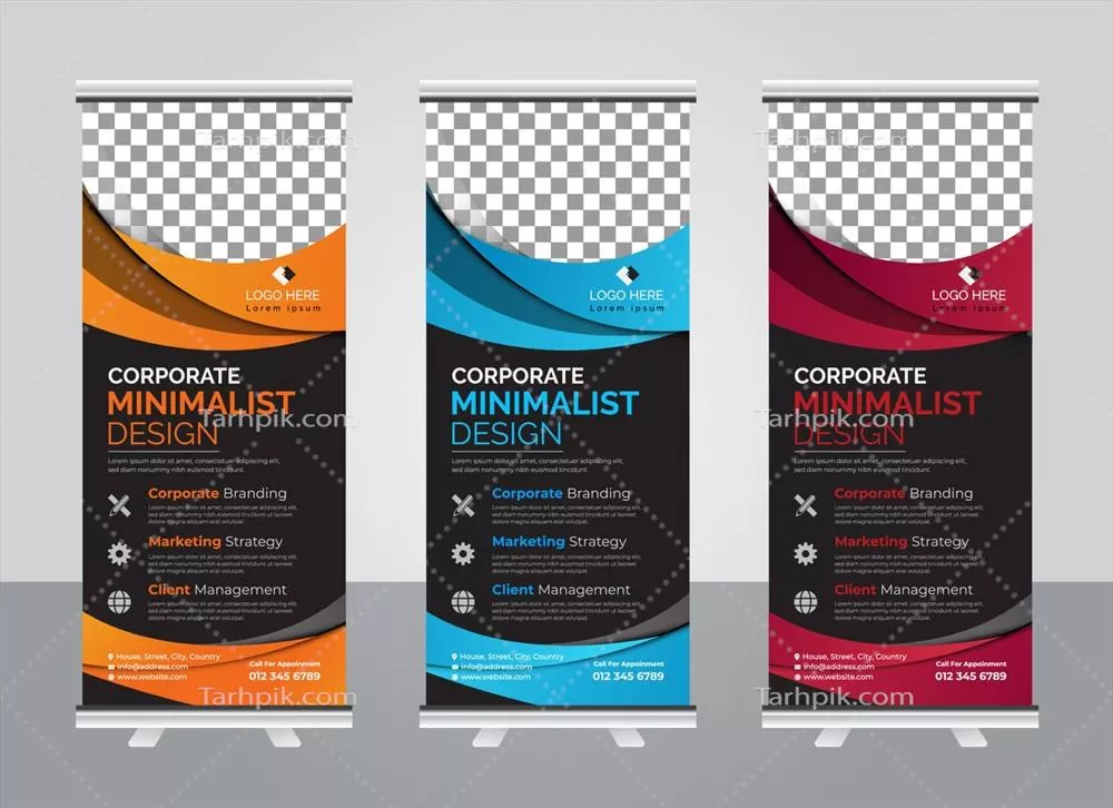 وکتور طراحی بنر استند رول آپ مدرن و رنگارنگ برای شرکت های امروزی