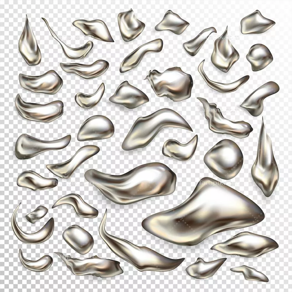 مجموعه وکتور سهبعدی قطرات مایع نقره و تغییر رنگ فلزات گرانبها
