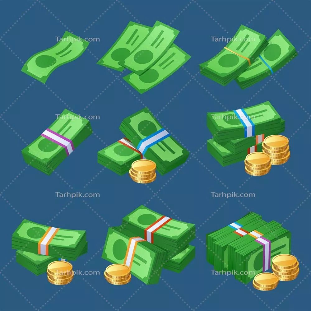 تصویر وکتوری از پول، سکهها، بستهها و اسکناسهای نقدی