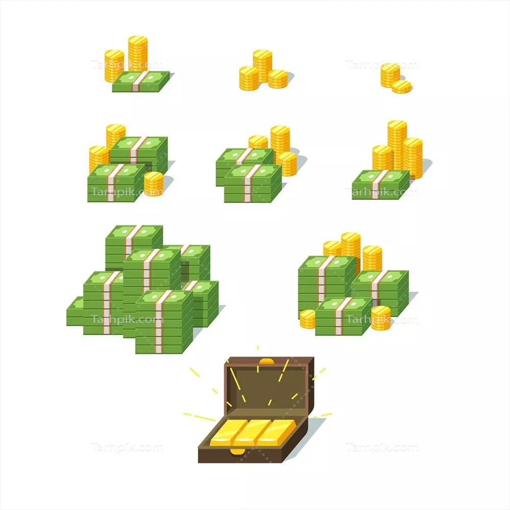 مجموعه وکتور از انبوهی از پول و سکهها برای طراحیهای گرافیکی