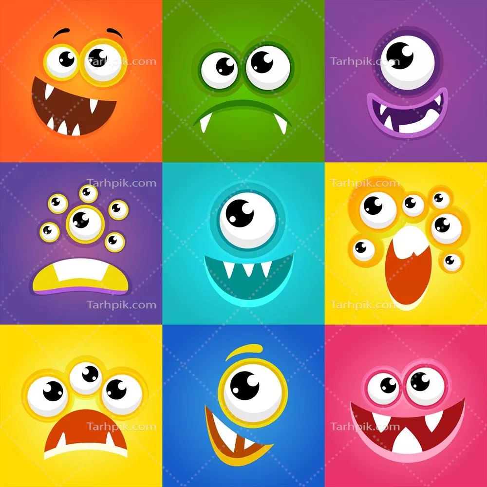 وکتور تصاویر کارتونی خنده‌دار از چهره‌های هیولا با احساسات مختلف