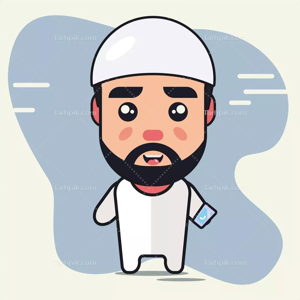 وکتور مرد مسلمان در حال نگهداشتن گوشی هوشمند - تصویر کارتونی زیبا