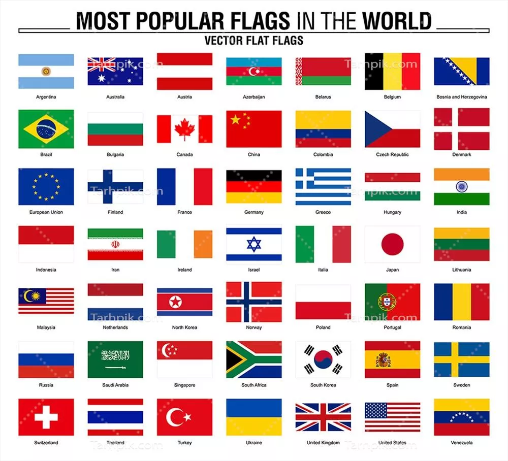وکتور محبوبترین پرچمهای جهان بر روی زمینه سفید با تاریخچهای جذاب