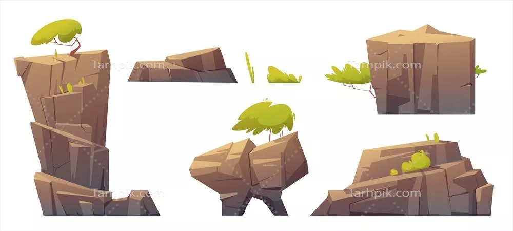 وکتور عناصر طبیعی بافتی شامل کوهها، سنگها و جزایر با درختان و گیاهان سبز