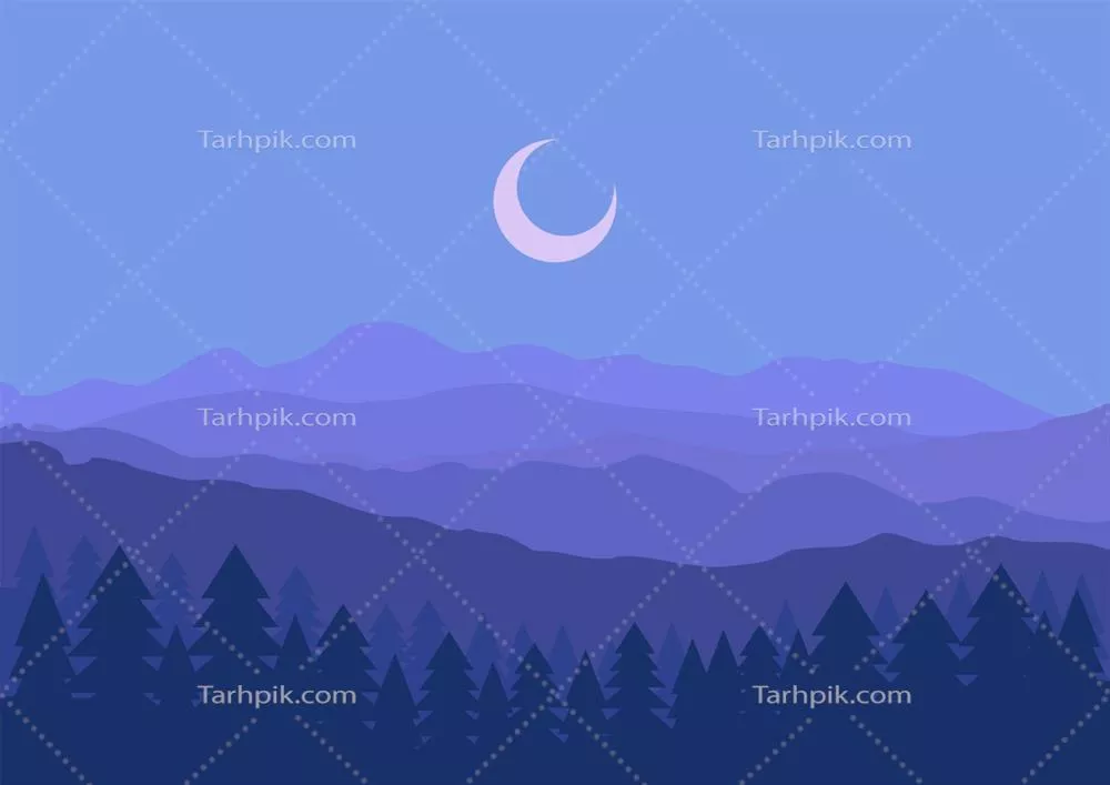 وکتور مناظر کوه ها و تپه ها در شب با طراحی مسطح و زیبا