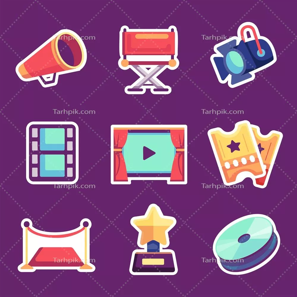 مجموعه آیکون‌های کارتونی نمادهای سینما و تولید فیلم با طراحی وکتور