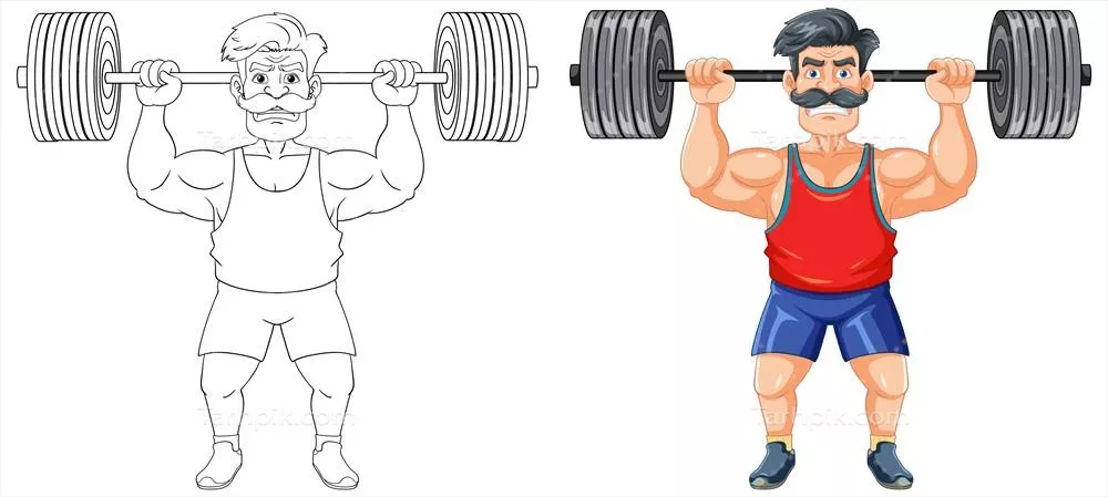 وکتور مرد جوان با عضلات قوی و هیکل هپی استر در حال بلند کردن وزنهها