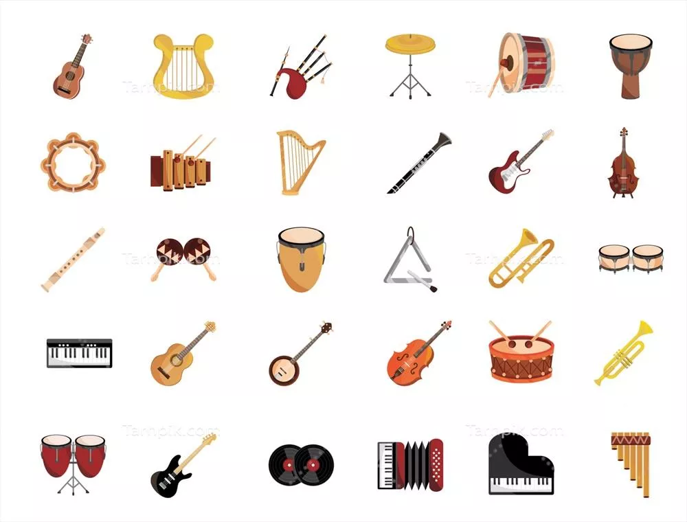 مجموعه آیکون‌های سازهای موسیقی به صورت وکتور با طراحی خلاقانه