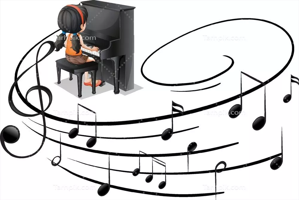 وکتور نمادهای موسیقی و ملودی با دختری در حال نواختن پیانو در پس زمینه ایزوله شده