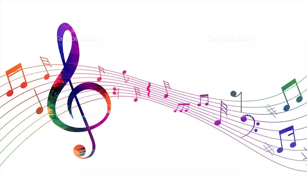 تصویری از پنتگرام موسیقی با امواج صوتی و نتهای موسیقی در پس زمینه به صورت وکتور
