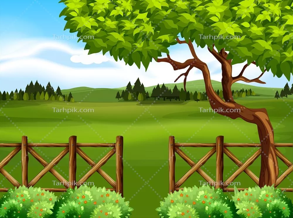 تصویری طبیعی از منظره با درخت در یک میدان به صورت وکتور