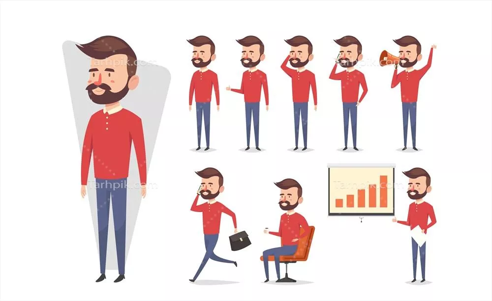 تصویر وکتور زیبای یک کارآفرین با حرکات مختلف به صورت دستکشیده