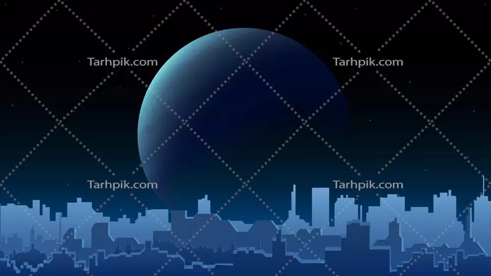 وکتور منظر شبانه شهر با سیاره ای بزرگ در افق و ستاره های درخشان