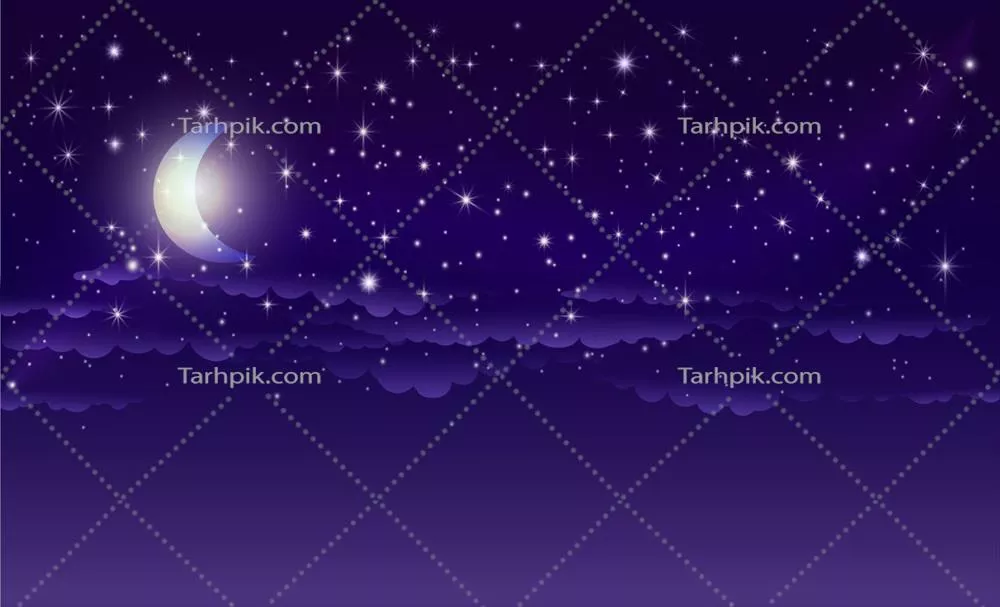 وکتور آسمان شب با ستارهها، ماه و ابرها در بالای سرمان
