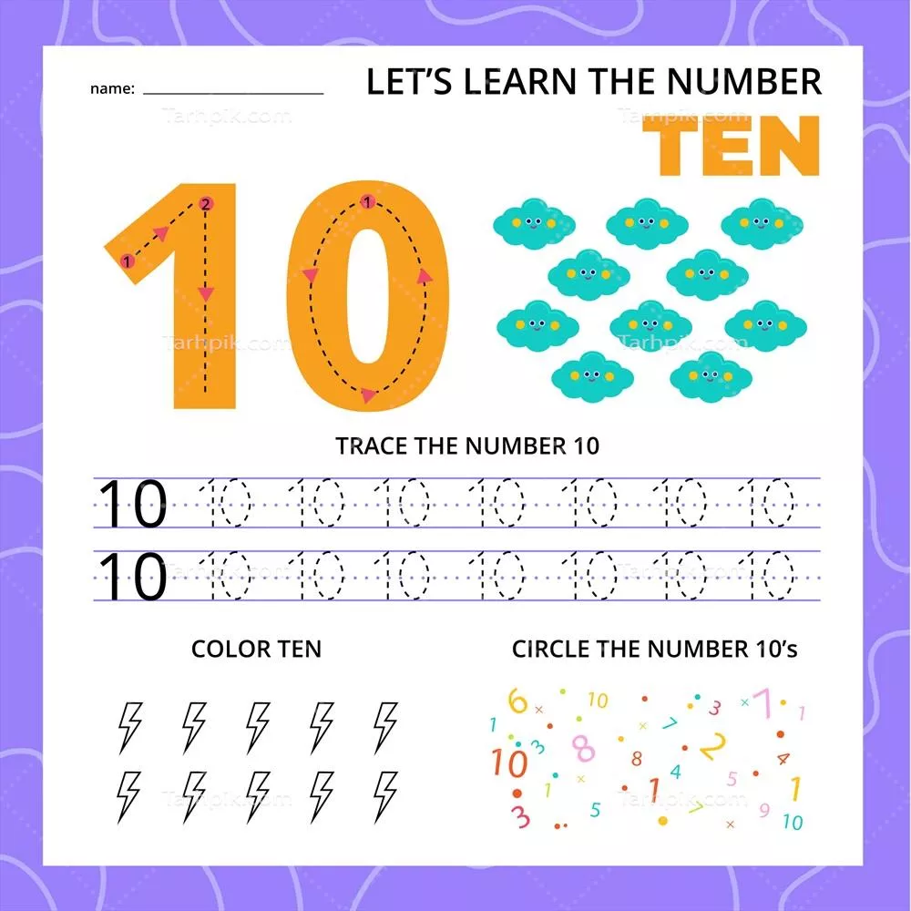 ورق کار شماره ده برای کودکان به صورت وکتور با طراحی جذاب