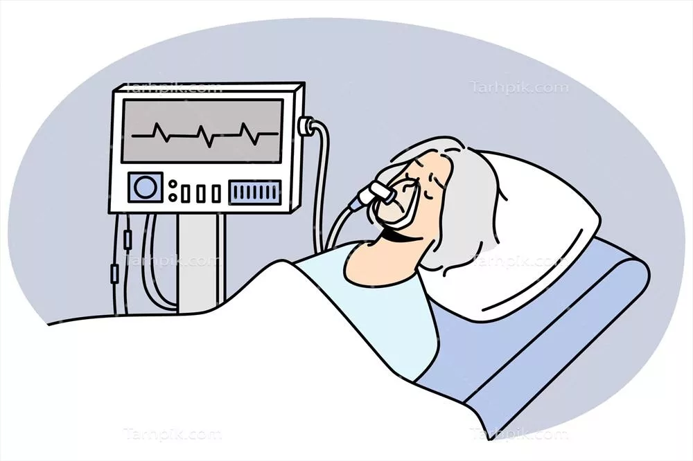 وکتور زنی سالخورده در ماسک دراز کشیده زیر دستگاه تنفس در بیمارستان