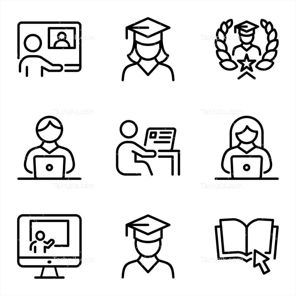 وکتور آیکونهای خطی آموزش آنلاین و فارغالتحصیلی در دنیای دیجیتال