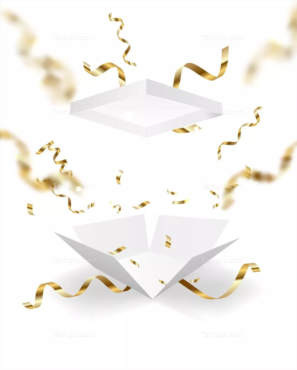 جعبه هدیه باز با کنفیتی طلایی در پس زمینه سفید - تصویر وکتور