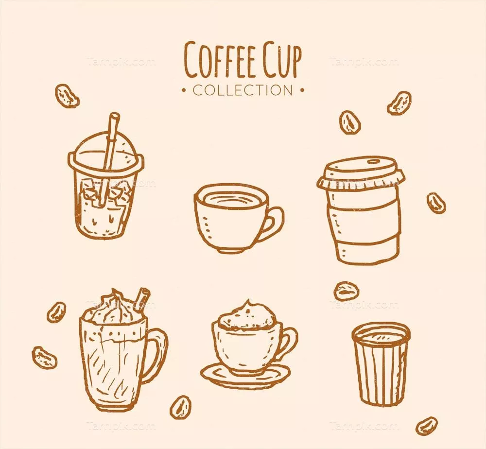 مجموعه وکتور طراحی دستی لیوان قهوه نارنجی با جزئیات زیبا